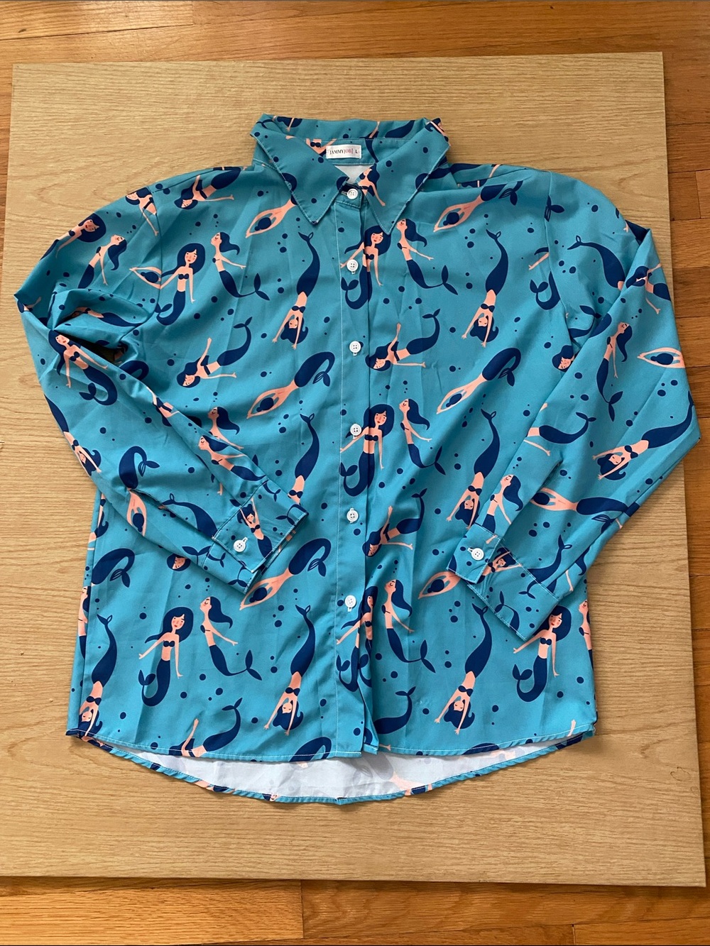 JAMMY JOB Mermaid Print Button-Up SHIRT - Teal & Navy